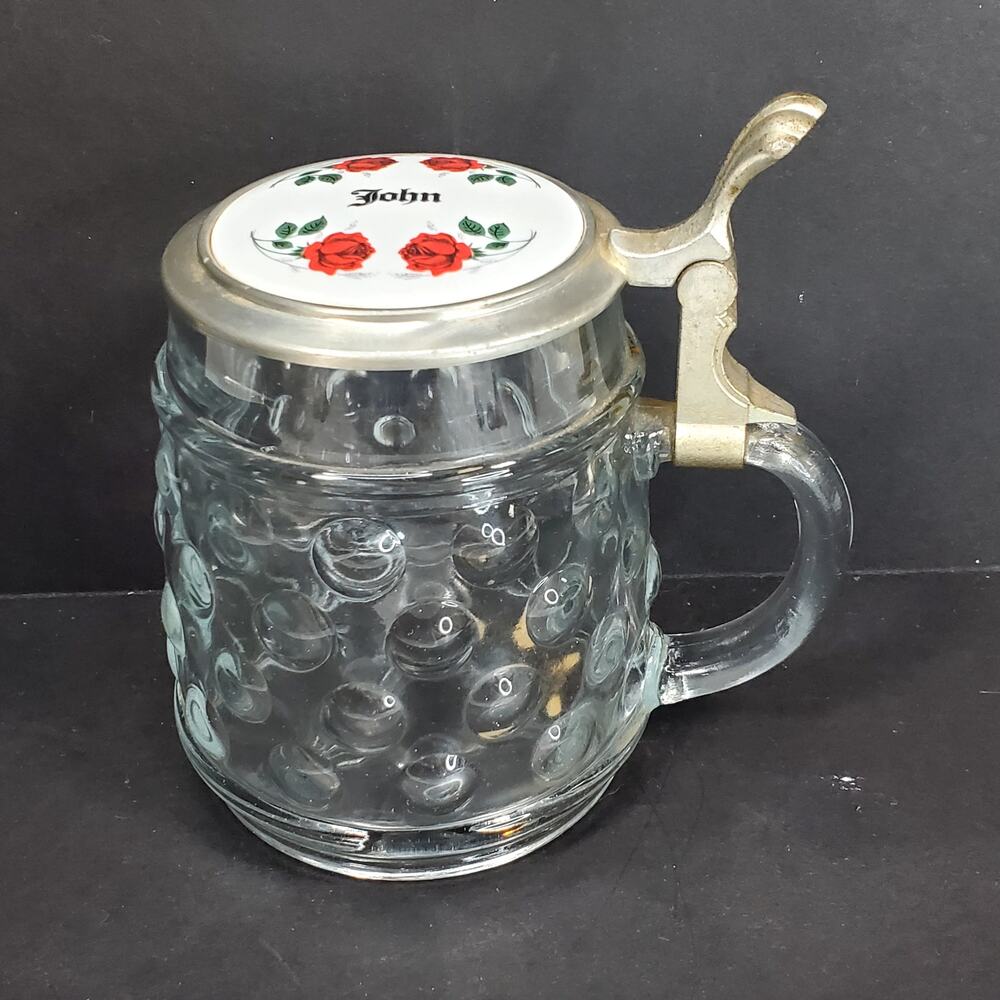Vtg Original BMF Bierseidel Clear Glass Beer Mug Enamel Pewter Lid Germany John